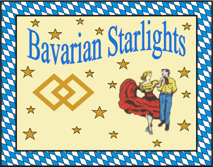 Bavarian Starlights Vereins-Badge: blau-weiß kariertes bayerisches Rautenmuster mit tanzendem Paar und goldenen Sternen